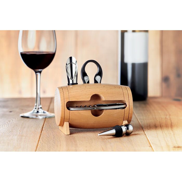 GiftRetail MO9523 - Minifass aus Holz mit 4 Wein-Accessoires