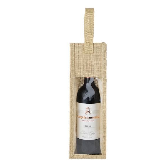EgotierPro 37518 - Jute Weinflaschentasche mit Baumwollgriff und Fenster TASTE