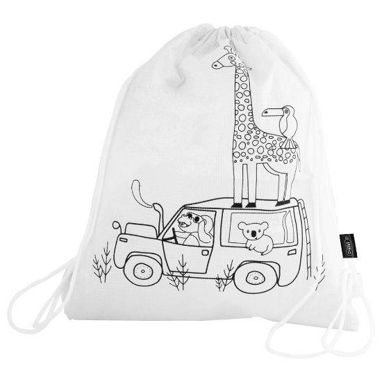 EgotierPro 52046 - Weiße RPET-Tasche mit lustigen Tieren & 4 Buntstiften SAFUN